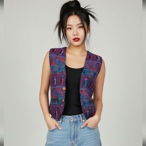 Vest Vintage Woven Tapestry Wool Cotton Galapagos Tortoise Penguin Iguana Size M